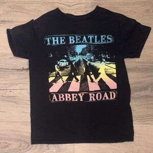 The Beatles Black Tee with Silver Logo and Blue Print